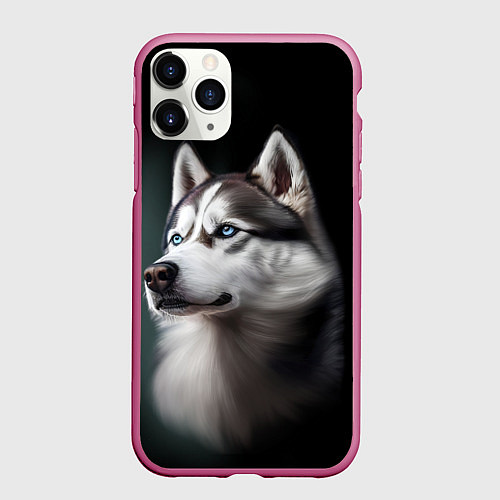 Чехол iPhone 11 Pro матовый Собака Хаски с голубыми глазами / 3D-Малиновый – фото 1