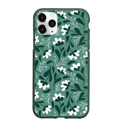 Чехол iPhone 11 Pro матовый Белые цветы - паттерн / 3D-Темно-зеленый – фото 1