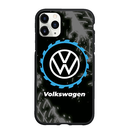 Чехол iPhone 11 Pro матовый Volkswagen в стиле Top Gear со следами шин на фоне / 3D-Черный – фото 1