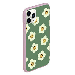 Чехол iPhone 11 Pro матовый Цветочки-смайлики: темно-зеленый паттерн, цвет: 3D-розовый — фото 2