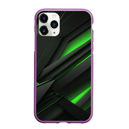 Чехол iPhone 11 Pro матовый Черно-зеленые объемные полосы / 3D-Фиолетовый – фото 1