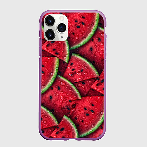 Чехол iPhone 11 Pro матовый Сочная текстура из долек арбуза / 3D-Фиолетовый – фото 1