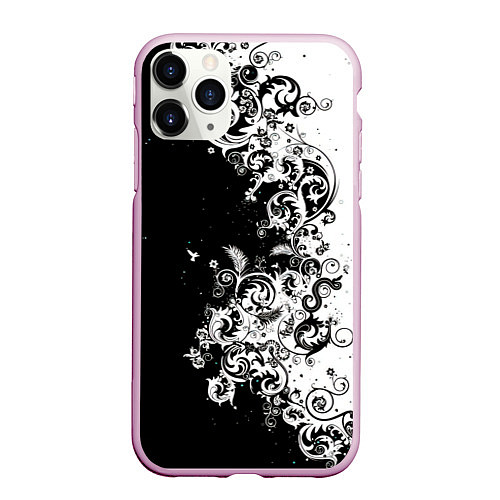 Чехол iPhone 11 Pro матовый Черно-белые цветы и колибри / 3D-Розовый – фото 1