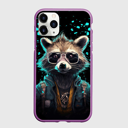Чехол iPhone 11 Pro матовый Енот в стиле киберпанк / 3D-Фиолетовый – фото 1