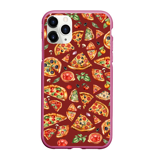 Чехол iPhone 11 Pro матовый Кусочки пиццы ассорти - акварельный паттерн / 3D-Малиновый – фото 1