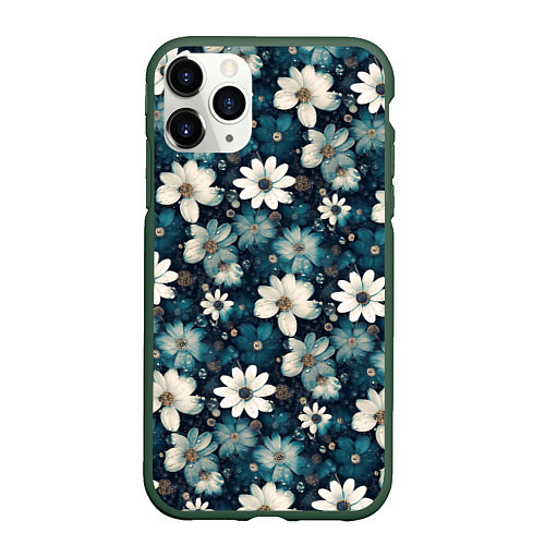 Чехол iPhone 11 Pro матовый Узор из весенних цветочков / 3D-Темно-зеленый – фото 1