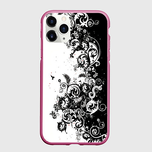 Чехол iPhone 11 Pro матовый Черно-белая птица среди узорчатых цветов / 3D-Малиновый – фото 1