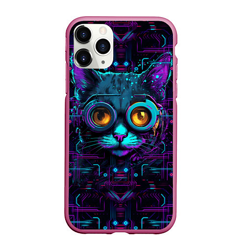 Чехол iPhone 11 Pro матовый Cat - cyberpunk style / 3D-Малиновый – фото 1