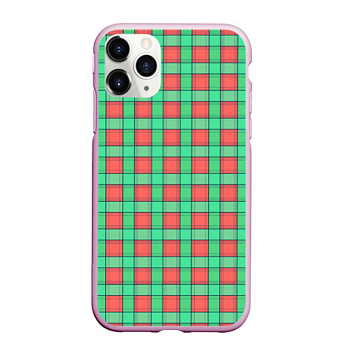 Чехол iPhone 11 Pro матовый Клетчатый зелено -оранжевый паттерн / 3D-Розовый – фото 1