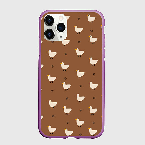 Чехол iPhone 11 Pro матовый Гуси и травка - паттерн коричневый / 3D-Фиолетовый – фото 1