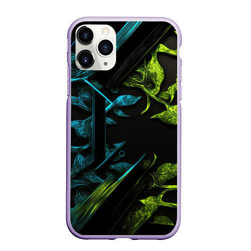 Чехол iPhone 11 Pro матовый Зеленые и синие абстрактные листья / 3D-Светло-сиреневый – фото 1