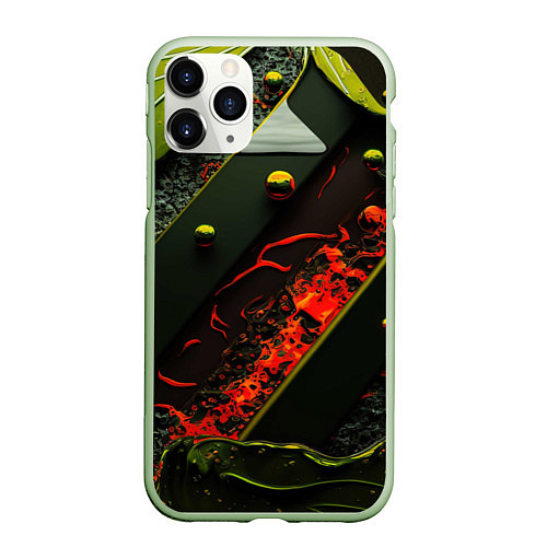 Чехол iPhone 11 Pro матовый Оранжевые брызги / 3D-Салатовый – фото 1