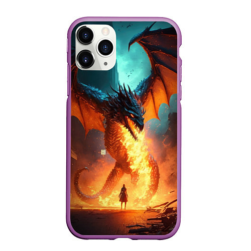 Чехол iPhone 11 Pro матовый Огненный дракон и рыцарь / 3D-Фиолетовый – фото 1