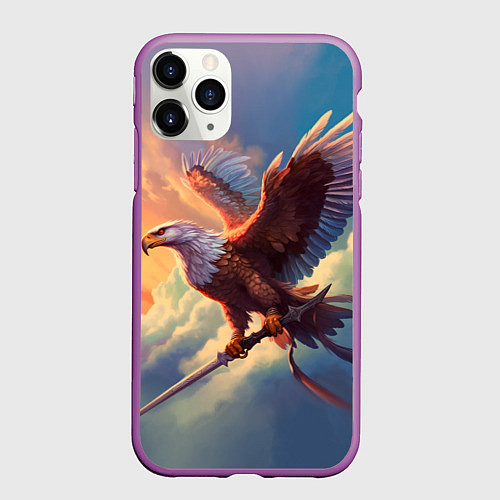 Чехол iPhone 11 Pro матовый Орел с мечом в облаках на закате / 3D-Фиолетовый – фото 1