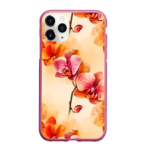 Чехол iPhone 11 Pro матовый Акварельные цветы - персиковый паттерн / 3D-Малиновый – фото 1