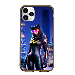 Чехол iPhone 11 Pro матовый Cat girl on the background of a megalopolis, цвет: 3D-коричневый