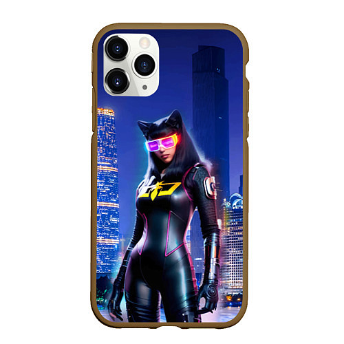 Чехол iPhone 11 Pro матовый Cat girl on the background of a megalopolis / 3D-Коричневый – фото 1