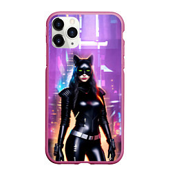 Чехол iPhone 11 Pro матовый Девушка-кошка - киберпанк, цвет: 3D-малиновый
