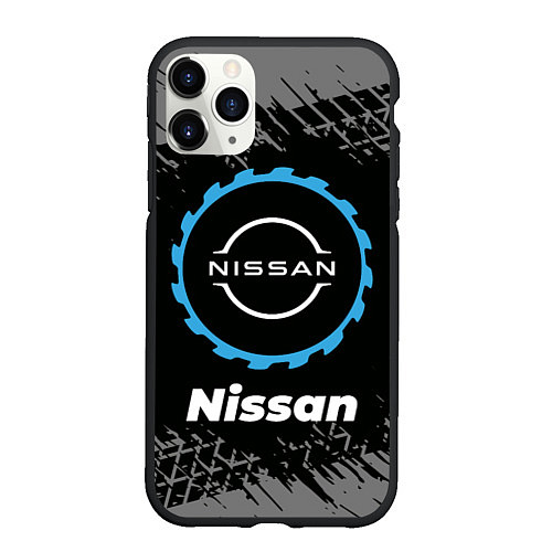 Чехол iPhone 11 Pro матовый Nissan в стиле Top Gear со следами шин на фоне / 3D-Черный – фото 1