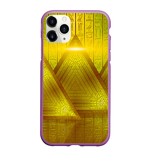 Чехол iPhone 11 Pro матовый Золотые пирамиды и треугольники / 3D-Фиолетовый – фото 1
