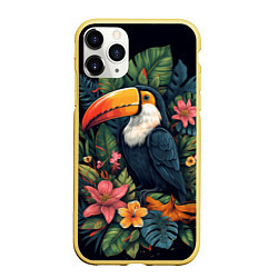 Чехол iPhone 11 Pro матовый Тукан на фоне тропических листьев: арт нейросети