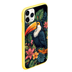 Чехол iPhone 11 Pro матовый Тукан на фоне тропических листьев: арт нейросети, цвет: 3D-желтый — фото 2