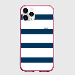 Чехол iPhone 11 Pro матовый Бело-синий полосатый узор, цвет: 3D-малиновый