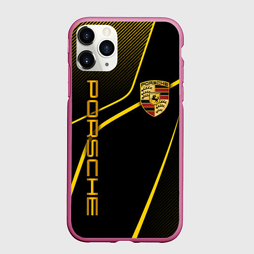 Чехол iPhone 11 Pro матовый Porsche - Gold line / 3D-Малиновый – фото 1