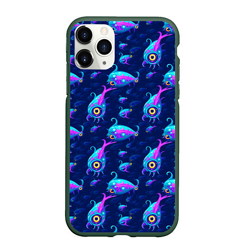 Чехол iPhone 11 Pro матовый Subnautica паттерн с рыбами / 3D-Темно-зеленый – фото 1