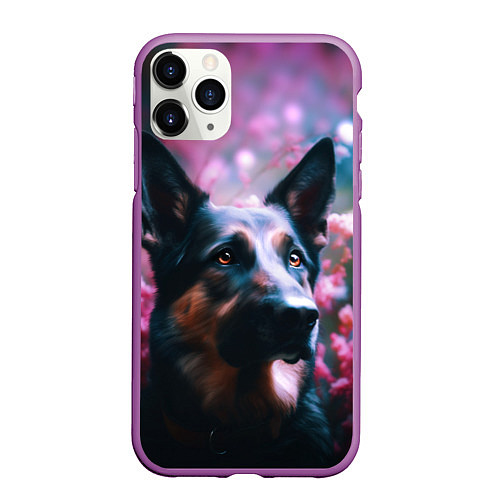 Чехол iPhone 11 Pro матовый Овчарка в розовых цветах / 3D-Фиолетовый – фото 1
