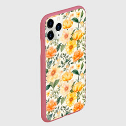 Чехол iPhone 11 Pro матовый Желтые и розовые хризантемы и пионы на светлом фон, цвет: 3D-малиновый — фото 2