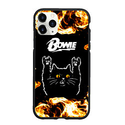 Чехол iPhone 11 Pro матовый David Bowie рок кот и огонь, цвет: 3D-черный