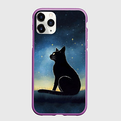 Чехол iPhone 11 Pro матовый Черный кот и звезды - акварель, цвет: 3D-фиолетовый