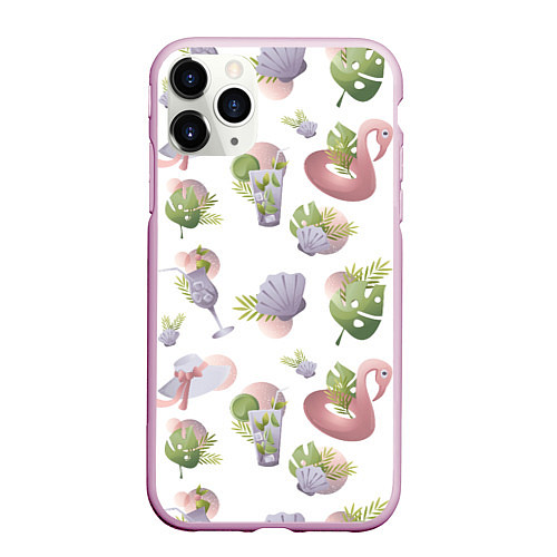 Чехол iPhone 11 Pro матовый Пляжный паттерн с коктейлями и фламинго / 3D-Розовый – фото 1