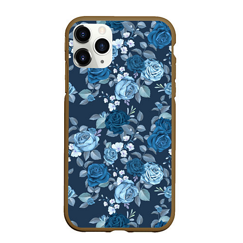 Чехол iPhone 11 Pro матовый Голубые розы паттерн / 3D-Коричневый – фото 1