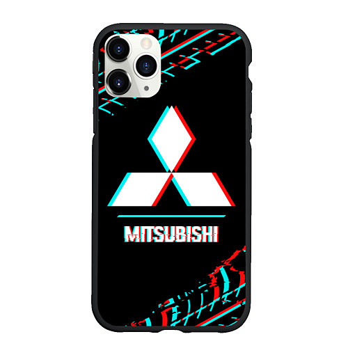 Чехол iPhone 11 Pro матовый Значок Mitsubishi в стиле glitch на темном фоне / 3D-Черный – фото 1