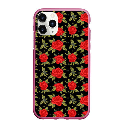 Чехол iPhone 11 Pro матовый Красные розы паттерн / 3D-Малиновый – фото 1