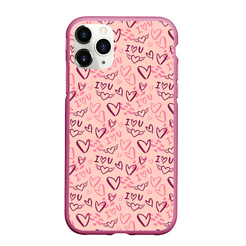 Чехол iPhone 11 Pro матовый I love you паттерн / 3D-Малиновый – фото 1