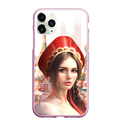 Чехол iPhone 11 Pro матовый Девушка в кокошнике с косой - кремль, цвет: 3D-розовый
