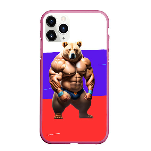 Чехол iPhone 11 Pro матовый Накаченный медведь на Российском флаге / 3D-Малиновый – фото 1