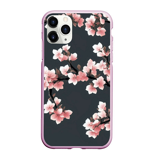 Чехол iPhone 11 Pro матовый Цветущее дерево на темном фоне / 3D-Розовый – фото 1