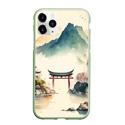 Чехол iPhone 11 Pro матовый Японский пейзаж - акварель, цвет: 3D-салатовый