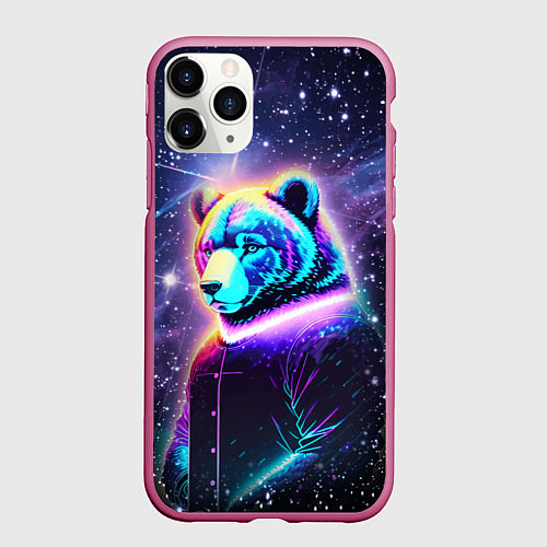 Чехол iPhone 11 Pro матовый Светящийся космический медведь / 3D-Малиновый – фото 1