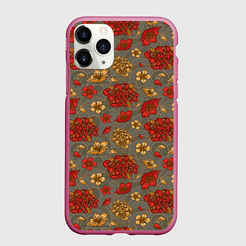 Чехол iPhone 11 Pro матовый Японские цветы-пионы / 3D-Малиновый – фото 1