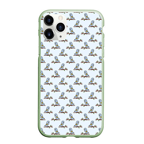 Чехол iPhone 11 Pro матовый Совушки на ветках / 3D-Салатовый – фото 1