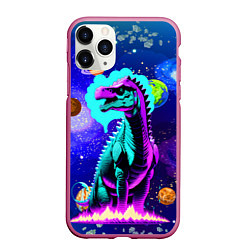 Чехол iPhone 11 Pro матовый Динозавр в космосе - неоновое свечение, цвет: 3D-малиновый