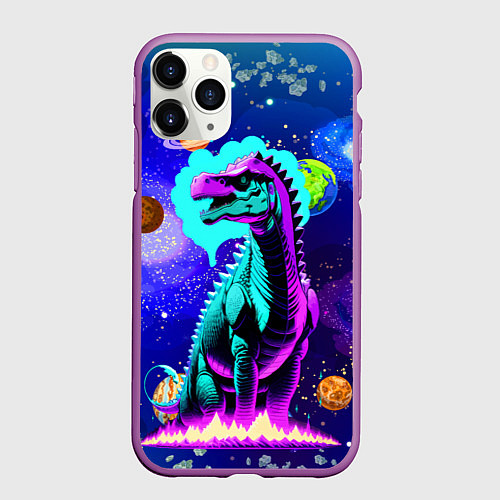Чехол iPhone 11 Pro матовый Динозавр в космосе - неоновое свечение / 3D-Фиолетовый – фото 1