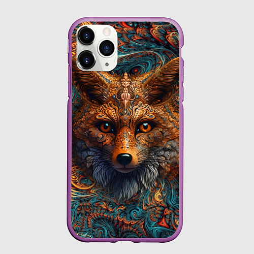 Чехол iPhone 11 Pro матовый Морда лисы на фрактальных узорах / 3D-Фиолетовый – фото 1