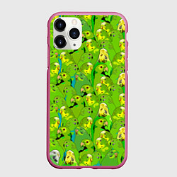 Чехол iPhone 11 Pro матовый Зеленые волнистые попугайчики, цвет: 3D-малиновый