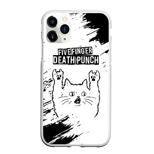 Чехол iPhone 11 Pro матовый Five Finger Death Punch рок кот на светлом фоне / 3D-Белый – фото 1